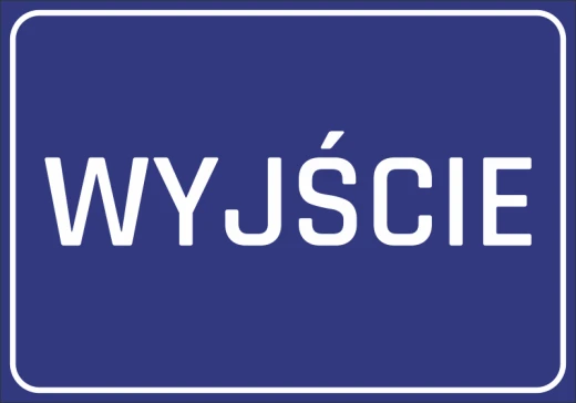 Niebieska prostokątna naklejka informacyjna z białym napisem WYJŚCIE i ramką, przeznaczona do znakowania drzwi