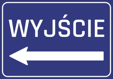 Naklejka Wyjście N058 - Wzór graficzny. Niebieskie tło z białym napisem WYJŚCIE i strzałką w lewo