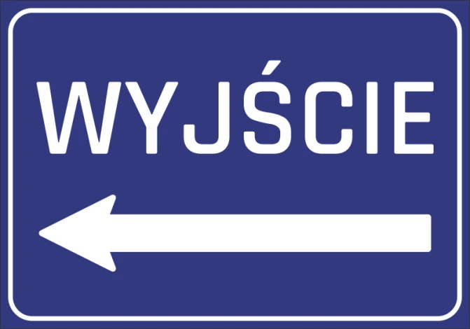 Naklejka Wyjście N058 - Wzór graficzny. Niebieskie tło z białym napisem WYJŚCIE i strzałką w lewo