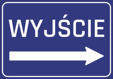 Naklejka Wyjście N059 - Wzór graficzny. Niebieskie tło z białym napisem WYJŚCIE i strzałką w prawo