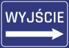 Naklejka Wyjście N059 - Wzór graficzny. Niebieskie tło z białym napisem WYJŚCIE i strzałką w prawo