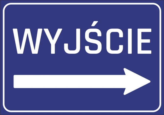 Naklejka Wyjście N059 - Wzór graficzny. Niebieskie tło z białym napisem WYJŚCIE i strzałką w prawo