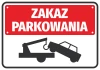 Naklejka Zakaz parkowania N038 - Wzór graficzny. Czerwone tło z białym napisem i czarną grafiką holownika z samochodem
