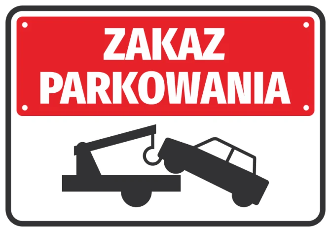 Naklejka Zakaz parkowania N038 - Wzór graficzny. Czerwone tło z białym napisem i czarną grafiką holownika z samochodem