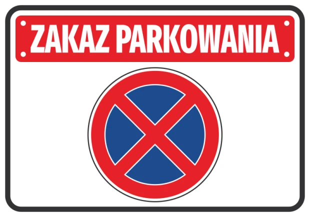 Naklejka na bramę z czerwonym napisem ZAKAZ PARKOWANIA i niebiesko-czerwonym znakiem zakazu zatrzymywania się