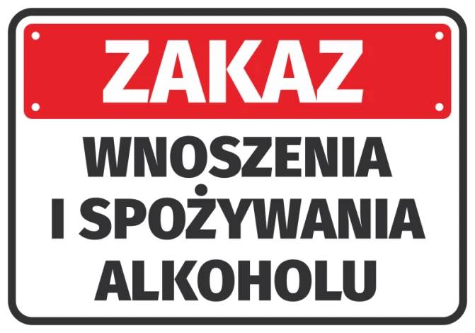 Naklejka Zakaz wnoszenia i spożywania alkoholu - Wzór graficzny. Czerwone tło z białym napisem, prostokątna forma