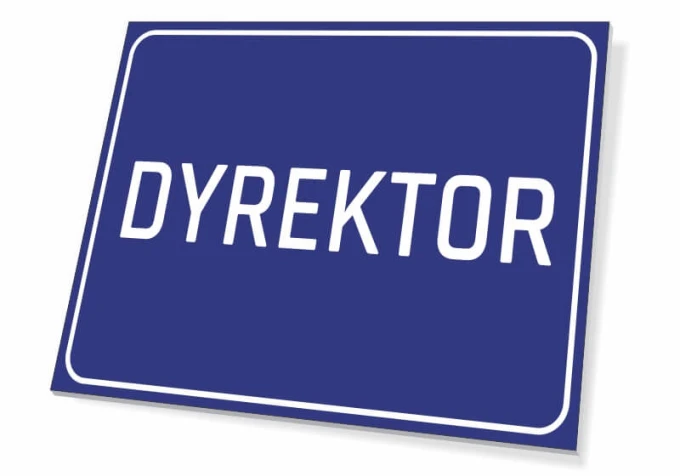 Tabliczka Dyrektor - Wzór graficzny. Prosta, prostokątna tabliczka z białym napisem DYREKTOR na niebieskim tle