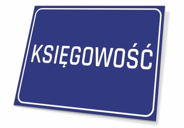 Tabliczka Księgowość - Wzór graficzny. Prosta tabliczka z niebieskim tłem i białym napisem KSIĘGOWOŚĆ