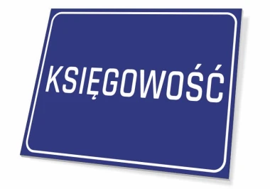 Tabliczka Księgowość - Wzór graficzny. Prosta tabliczka z niebieskim tłem i białym napisem KSIĘGOWOŚĆ