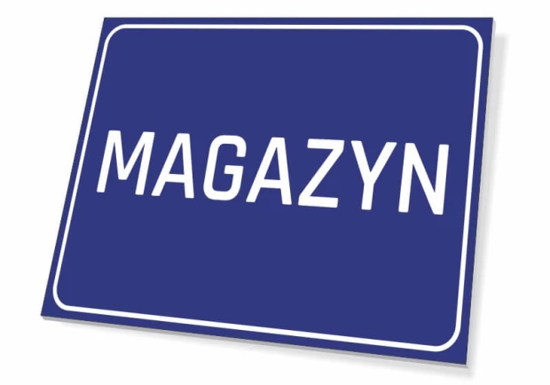 Niebieska prostokątna tabliczka informacyjna BHP z białym napisem MAGAZYN i ramką na białym tle