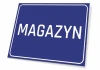Tabliczka magazyn - Wzór graficzny. Prosta, prostokątna tabliczka z niebieskim tłem i białym napisem MAGAZYN