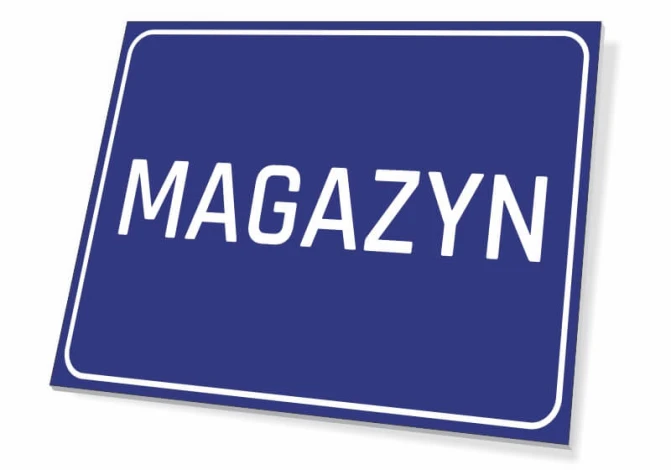 Tabliczka magazyn - Wzór graficzny. Prosta, prostokątna tabliczka z niebieskim tłem i białym napisem MAGAZYN