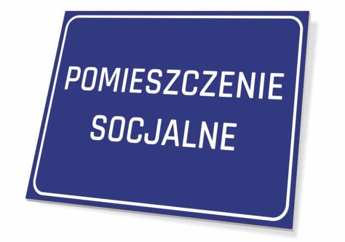 Tabliczka Pomieszczenie socjalne - Wzór graficzny. Prosta, prostokątna tabliczka z niebieskim tłem i białym tekstem