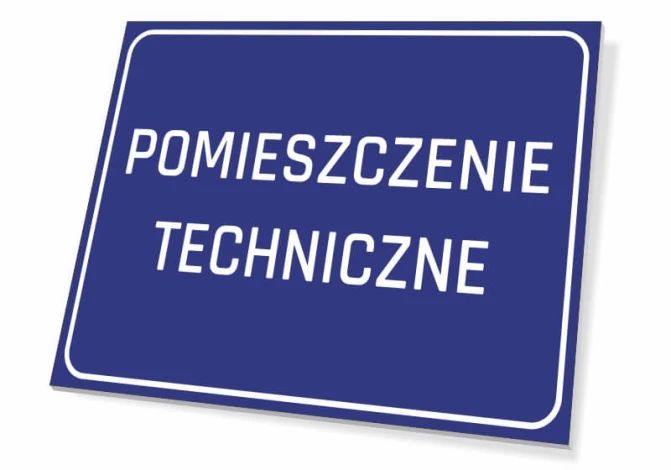 Tabliczka Pomieszczenie techniczne - Wzór graficzny. Prosta, prostokątna forma z białym napisem na niebieskim tle