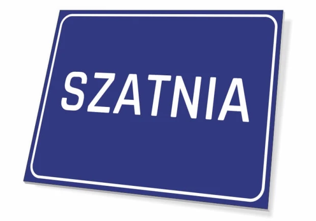 Tabliczka szatnia - Wzór graficzny. Prostokątna tabliczka z niebieskim tłem i białym napisem SZATNIA