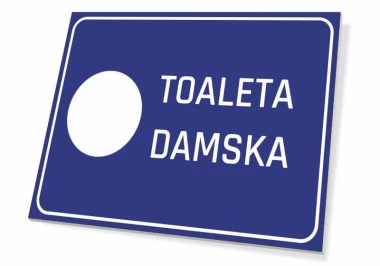 Tabliczka Toaleta damska T066 - Wzór graficzny. Prosta forma prostokąta z białym napisem na niebieskim tle