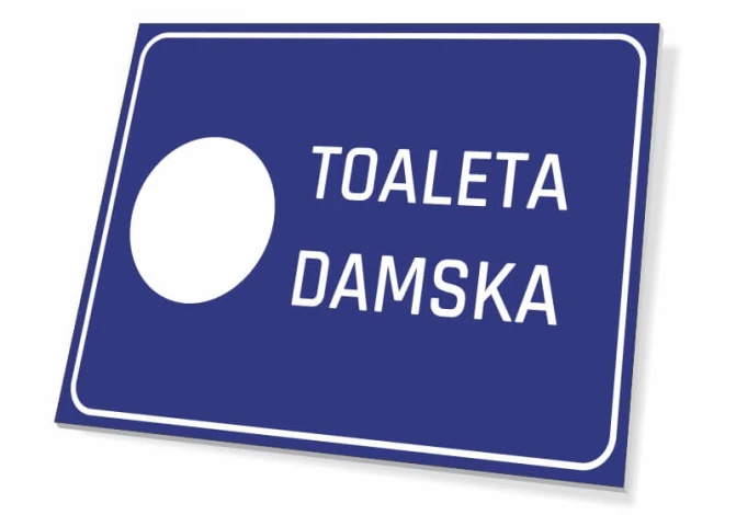 Tabliczka Toaleta damska T066 - Wzór graficzny. Prosta forma prostokąta z białym napisem na niebieskim tle