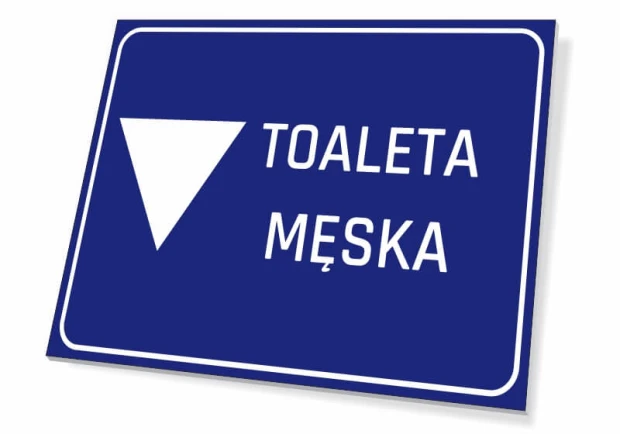 Tabliczka Toaleta męska T067 - Wzór graficzny. Niebieskie tło z białym napisem TOALETA MĘSKA i strzałką w dół