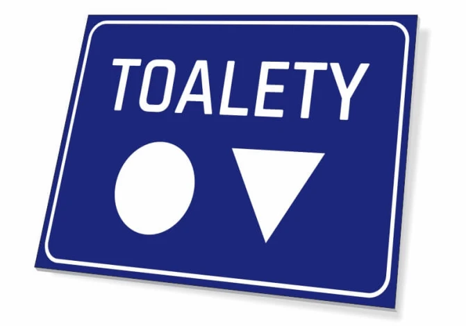 Tabliczka Toalety T068 - Wzór graficzny. Niebieskie tło z białym napisem TOALETY oraz dwoma symbolami: okrągłym i trójkątnym