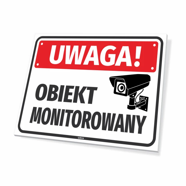 Tabliczka Uwaga obiekt monitorowany - Wzór graficzny. Prostokątna tabliczka z czerwonym tłem i białym napisem. Obok kamera