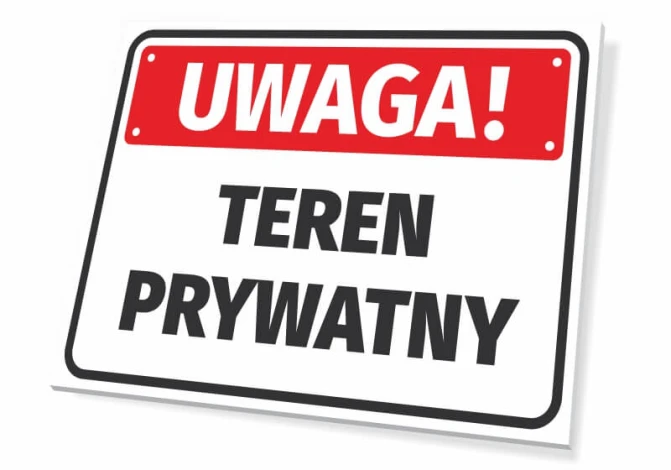 Tabliczka Uwaga, teren prywatny w industrialnym stylu, idealna do ogrodzenia lub na ścianę w biurze.