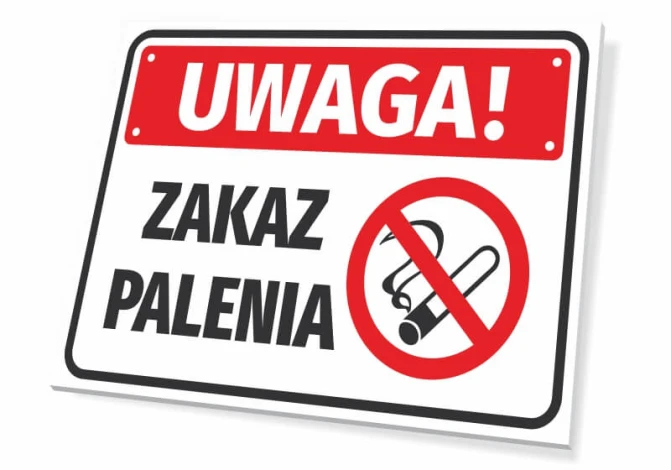 Tabliczka Uwaga zakaz palenia - Wzór graficzny. Na białym tle czerwony napis Uwaga oraz symbol przekreślonego papierosa
