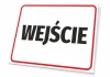 Tabliczka wejście T046 - Wzór graficzny. Prostokątna tabliczka z białym tłem i czerwonym obramowaniem. Na środku duży napis