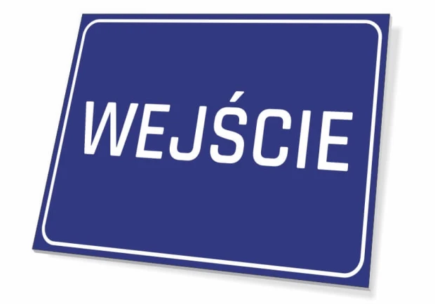 Niebieska tabliczka informacyjna z białym napisem WEJŚCIE i ramką, pokazana jako wizualizacja na białym tle