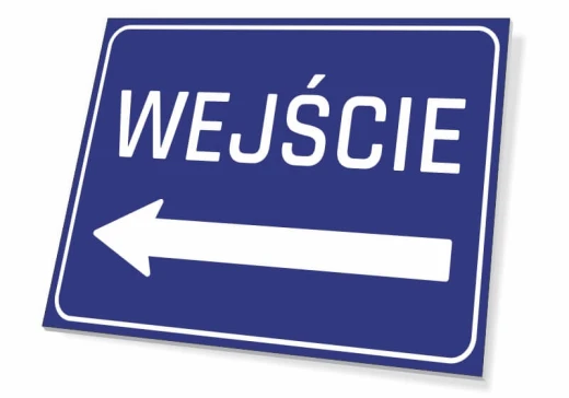 Niebieska tabliczka informacyjna z białym napisem WEJŚCIE i strzałką w lewo, pokazana na białym tle