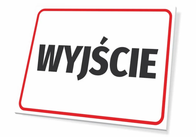 Tabliczka wyjście T047 - Wzór graficzny. Prosta tabliczka z białym tłem i czerwonym obramowaniem, z napisem WYJŚCIE w dużych