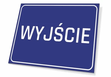 Tabliczka wyjście T055 - Wzór graficzny. Prosty prostokąt w niebieskim tle z białym napisem WYJŚCIE