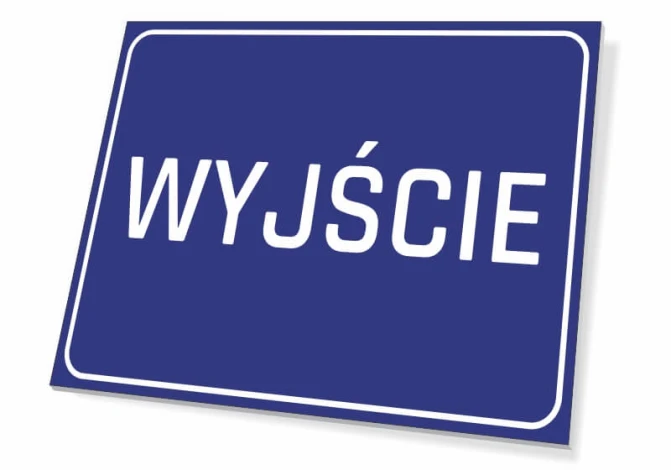 Tabliczka wyjście T055 - Wzór graficzny. Prosty prostokąt w niebieskim tle z białym napisem WYJŚCIE