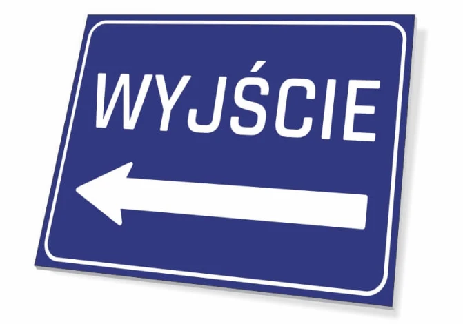 Tabliczka wyjście w lewo T058 - Wzór graficzny. Niebieskie tło z białym napisem WYJŚCIE i strzałką w lewo