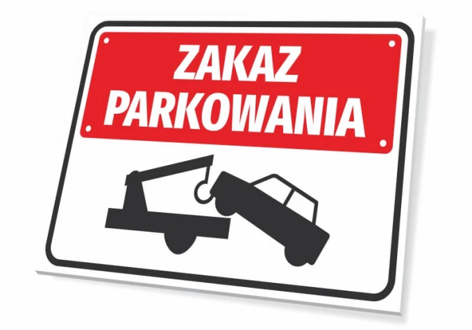 Tabliczka Zakaz parkowania T038 - Wzór graficzny. Czerwone tło z białym napisem i czarną grafiką holowanego samochodu