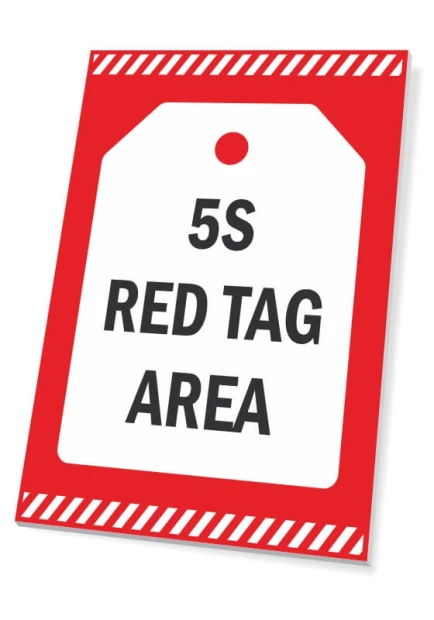 Tabliczka 5S red tag area T094 - Wzór graficzny. Czerwone tło z białą etykietą i czarnym tekstem