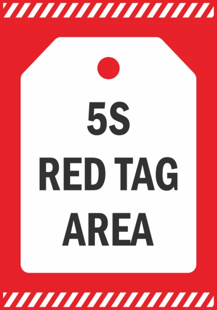 Czerwona naklejka informacyjna BHP z piktogramem zawieszki i napisem 5S RED TAG AREA na białym tle