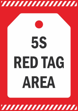 Naklejka 5S red tag area N094 - Wzór graficzny. Czerwone tło z białym tagiem i dużym napisem 5S RED TAG AREA