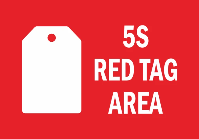 Naklejka 5S Red tag area N095 - Wzór graficzny. Czerwone tło z białą etykietą i napisem RED TAG AREA