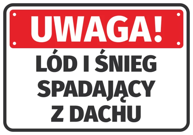 Naklejka Lód i śnieg spadający z dachu - Wzór graficzny. Czerwone tło z białym napisem i dużymi literami