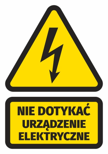 Żółta naklejka BHP z czarną błyskawicą i napisem Nie dotykać urządzenie elektryczne na szafy rozdzielcze