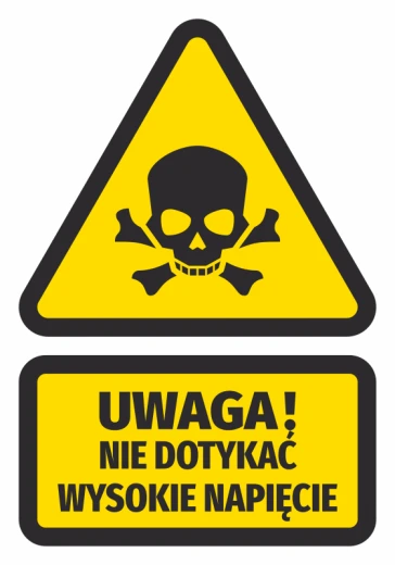 Żółto-czarna naklejka ostrzegawcza z czaszką i napisem Uwaga! Nie dotykać wysokie napięcie na szafy elektryczne