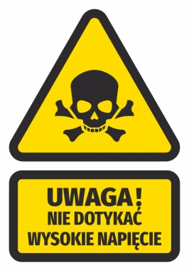 Naklejka Nie dotykać, wysokie napięcie - Wzór graficzny. Trójkąt z czaszką i kośćmi, prostokąt z napisem na żółtym tle