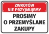 Naklejka Prosimy o przemyślane zakupy - Wzór graficzny. Czerwone tło z białym napisem, duże litery, prosty układ