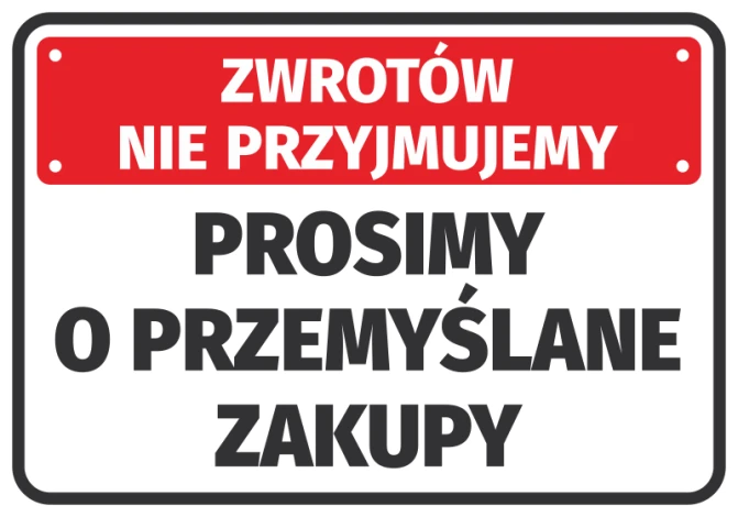 Naklejka Prosimy o przemyślane zakupy - Wzór graficzny. Czerwone tło z białym napisem, duże litery, prosty układ