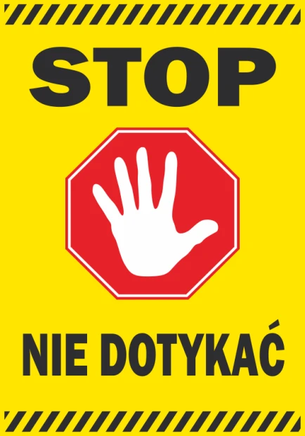 Naklejka Stop, nie dotykać - Wzór graficzny. Żółte tło z czerwoną ośmiokątną tarczą i białą dłonią