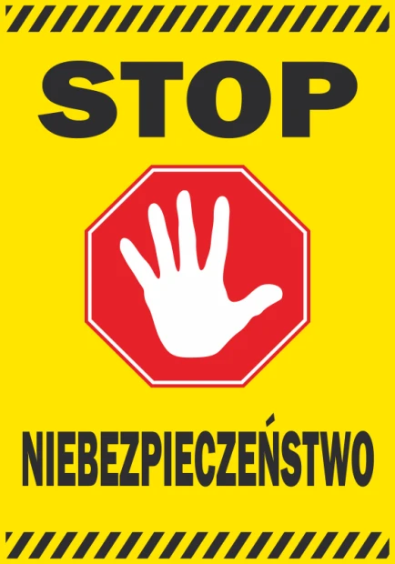 Naklejka Stop, niebezpieczeństwo - Wzór graficzny. Czerwony ośmiokąt z białą dłonią na żółtym tle. Czarny napis u dołu