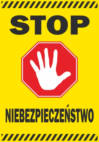 Naklejka Stop, niebezpieczeństwo - Wzór graficzny. Czerwony ośmiokąt z białą dłonią na żółtym tle. Czarny napis u dołu
