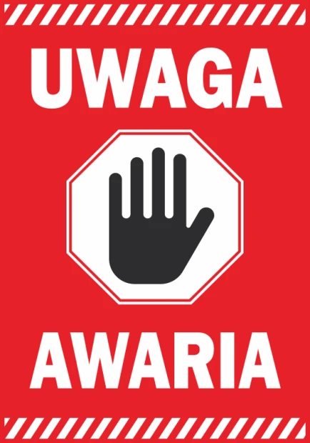Naklejka Uwaga, awaria - Wzór graficzny. Czerwone tło z białymi napisami i symbolem ręki w czerni