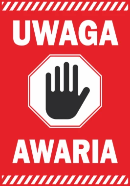 Naklejka Uwaga, awaria - Wzór graficzny. Czerwone tło z białymi napisami i symbolem ręki w czerni
