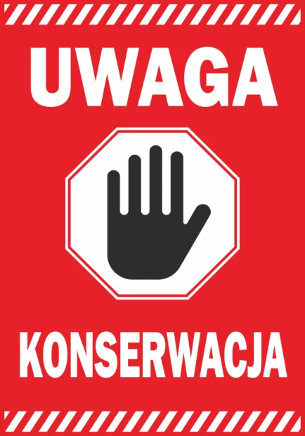 Czerwona naklejka ostrzegawcza BHP z piktogramem dłoni i napisem Uwaga konserwacja na białym tle grafiki